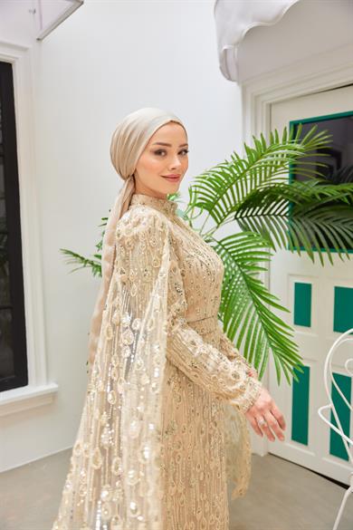 Stone Embroidered Evening Dress with Detailed Sleeves - Beige