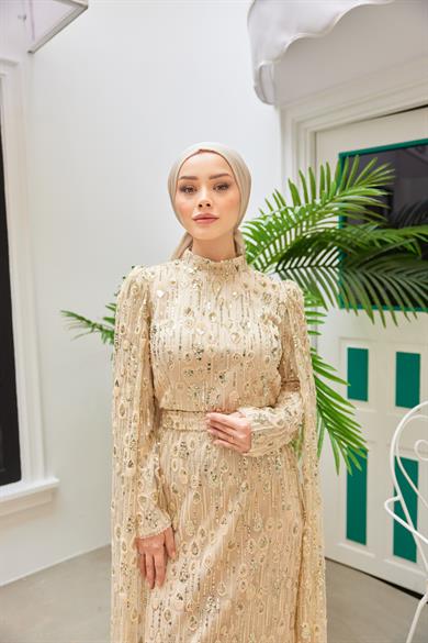 Stone Embroidered Evening Dress with Detailed Sleeves - Beige