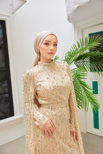 Stone Embroidered Evening Dress with Detailed Sleeves - Beige