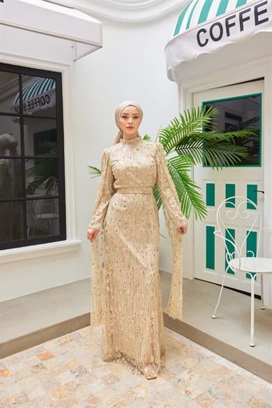 Stone Embroidered Evening Dress with Detailed Sleeves - Beige