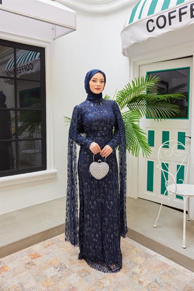 Stone Embroidered Evening Dress with Detailed Sleeves - Navy Blue