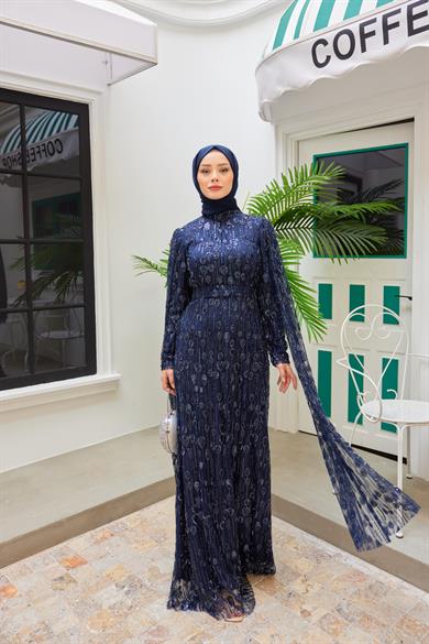 Stone Embroidered Evening Dress with Detailed Sleeves - Navy Blue