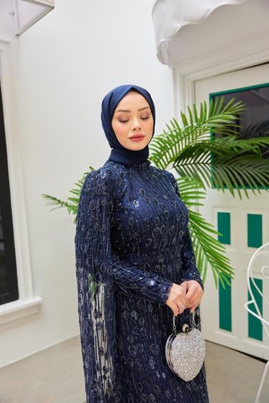 Stone Embroidered Evening Dress with Detailed Sleeves - Navy Blue