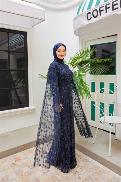 Stone Embroidered Evening Dress with Detailed Sleeves - Navy Blue