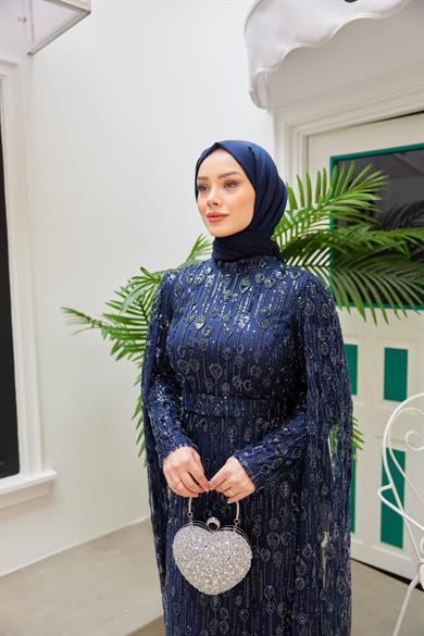 Stone Embroidered Evening Dress with Detailed Sleeves - Navy Blue