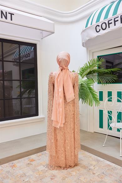 Stone Embroidered Evening Dress with Detailed Sleeves - Salmon