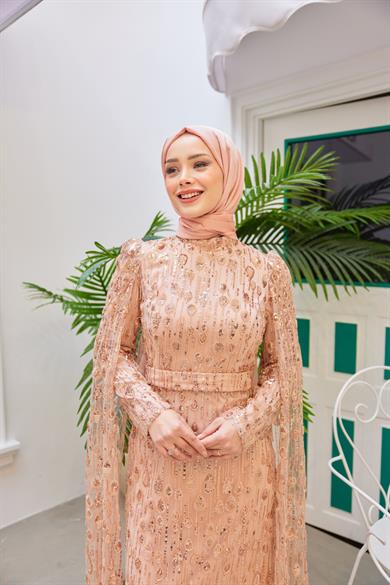 Stone Embroidered Evening Dress with Detailed Sleeves - Salmon