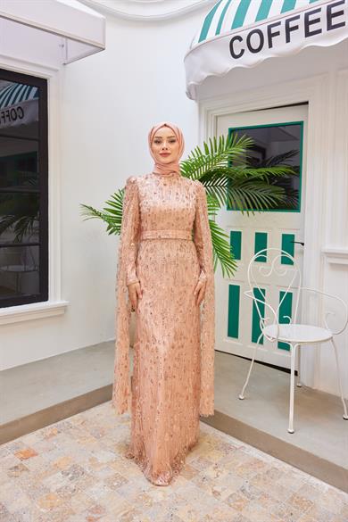 Stone Embroidered Evening Dress with Detailed Sleeves - Salmon