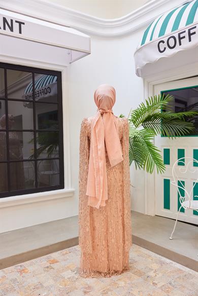 Stone Embroidered Evening Dress with Detailed Sleeves - Salmon