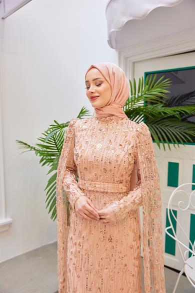 Stone Embroidered Evening Dress with Detailed Sleeves - Salmon