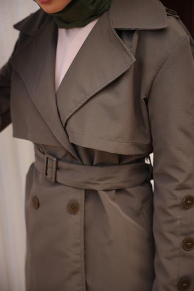 Buttoned Sleeve Trench Coat - Khaki