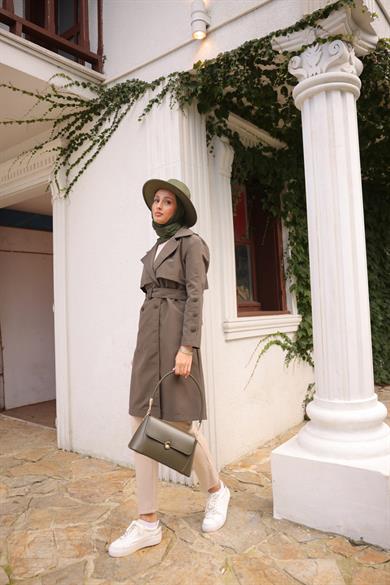 Buttoned Sleeve Trench Coat - Khaki