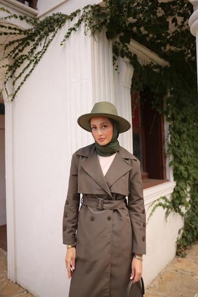 Buttoned Sleeve Trench Coat - Khaki