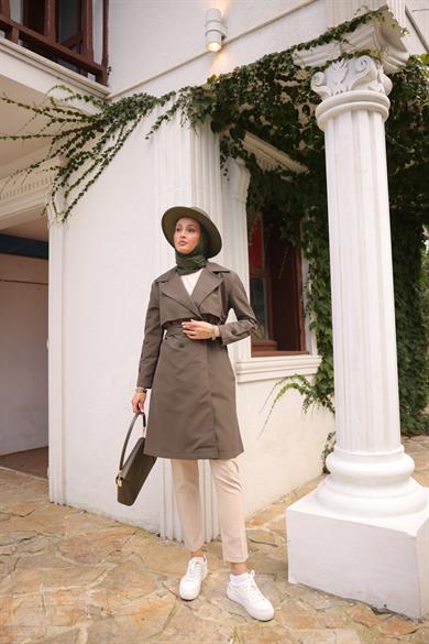Buttoned Sleeve Trench Coat - Khaki