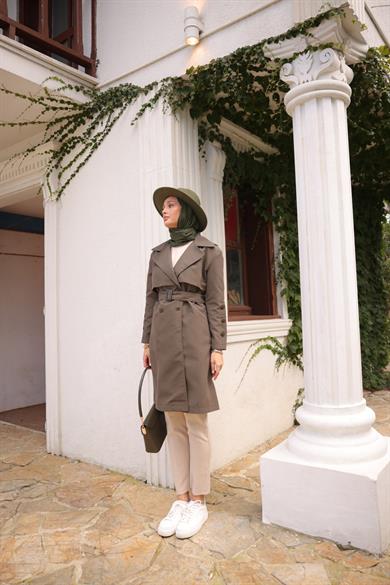 Buttoned Sleeve Trench Coat - Khaki