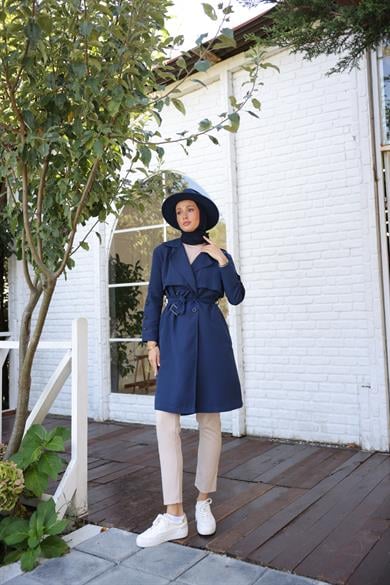 Buttoned Sleeve Trench Coat - Navy Blue