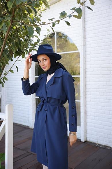 Buttoned Sleeve Trench Coat - Navy Blue