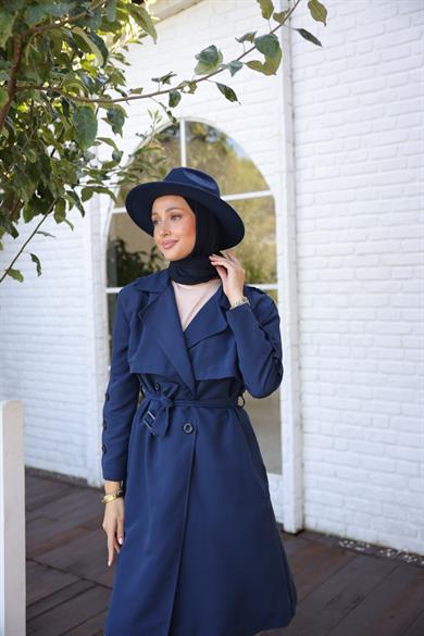 Buttoned Sleeve Trench Coat - Navy Blue