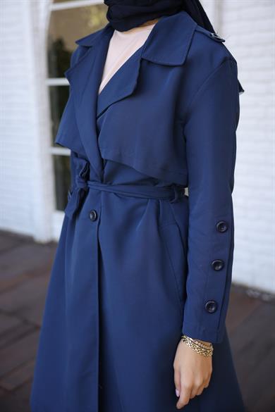Buttoned Sleeve Trench Coat - Navy Blue