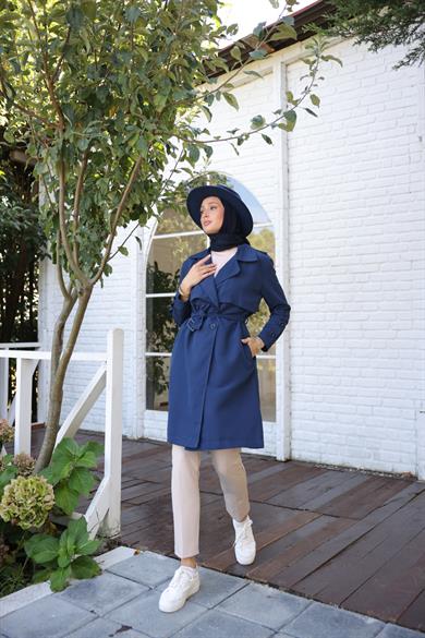 Buttoned Sleeve Trench Coat - Navy Blue