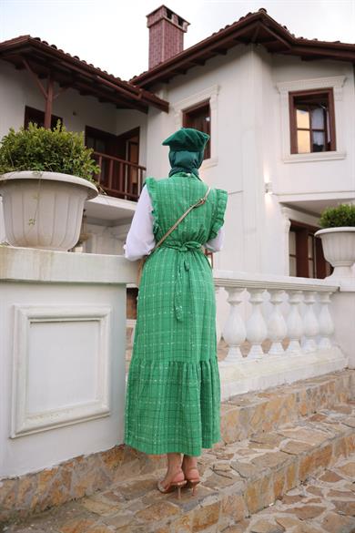 Pleated Sleeve Tied Salopet Dress - Green