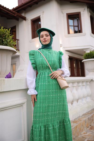 Pleated Sleeve Tied Salopet Dress - Green