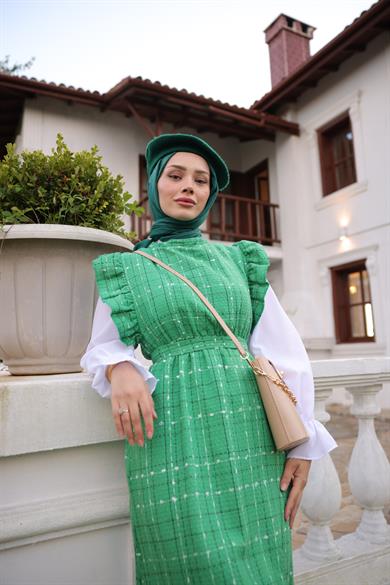 Pleated Sleeve Tied Salopet Dress - Green