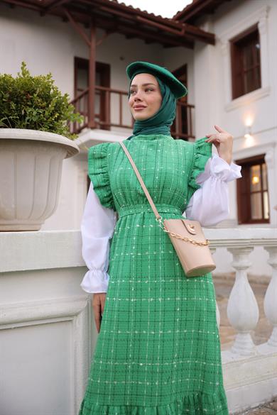 Pleated Sleeve Tied Salopet Dress - Green