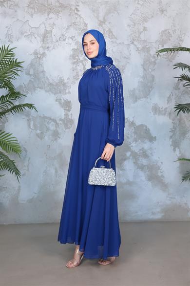 Kolu Taş İşleme Şifon Abiye - Saks Mavi