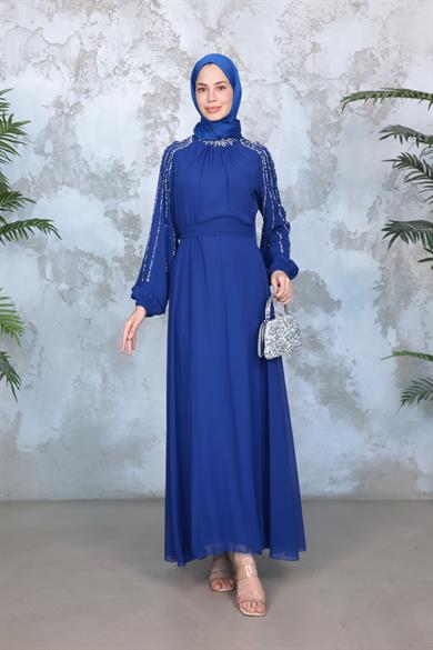 Kolu Taş İşleme Şifon Abiye - Saks Mavi