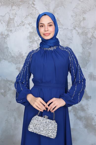 Kolu Taş İşleme Şifon Abiye - Saks Mavi