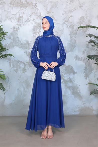 Kolu Taş İşleme Şifon Abiye - Saks Mavi
