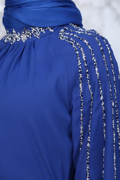 Kolu Taş İşleme Şifon Abiye - Saks Mavi