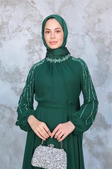 Kolu Taş İşleme Şifon Abiye - Zümrüt Yeşil