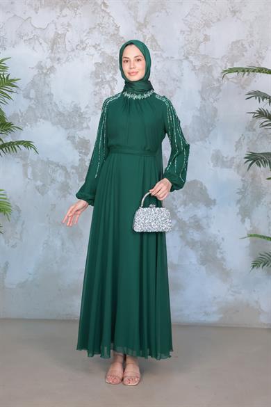 Kolu Taş İşleme Şifon Abiye - Zümrüt Yeşil