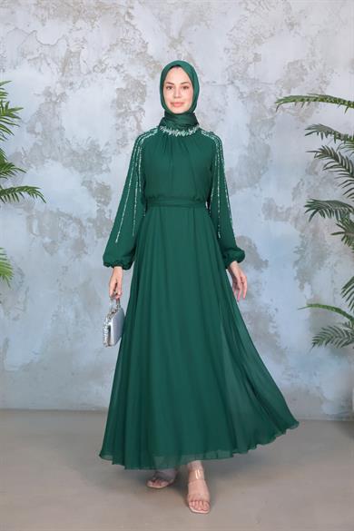 Kolu Taş İşleme Şifon Abiye - Zümrüt Yeşil