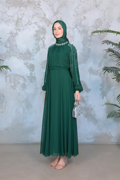 Kolu Taş İşleme Şifon Abiye - Zümrüt Yeşil