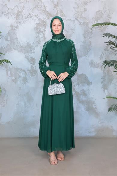 Kolu Taş İşleme Şifon Abiye - Zümrüt Yeşil