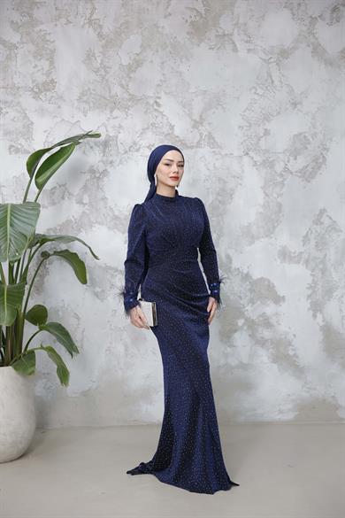 Kolu Tüylü Sim ve Taş Detaylı Abiye - Lacivert