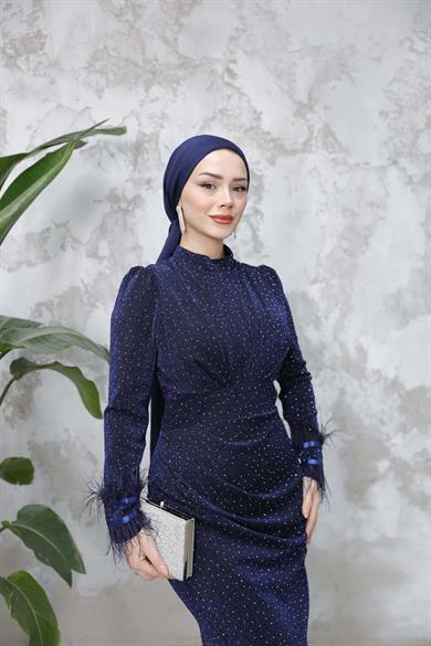 Kolu Tüylü Sim ve Taş Detaylı Abiye - Lacivert