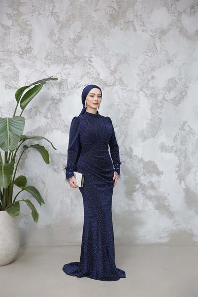 Kolu Tüylü Sim ve Taş Detaylı Abiye - Lacivert