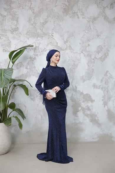 Kolu Tüylü Sim ve Taş Detaylı Abiye - Lacivert