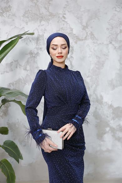 Kolu Tüylü Sim ve Taş Detaylı Abiye - Lacivert