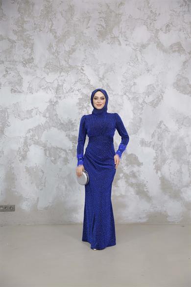 Kolu Tüylü Sim ve Taş Detaylı Abiye - Saks Mavi