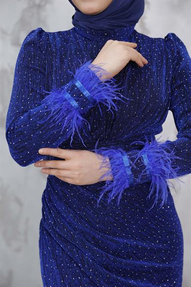Kolu Tüylü Sim ve Taş Detaylı Abiye - Saks Mavi