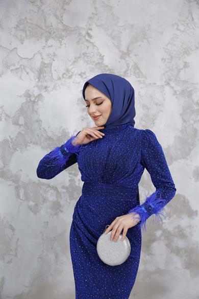 Kolu Tüylü Sim ve Taş Detaylı Abiye - Saks Mavi