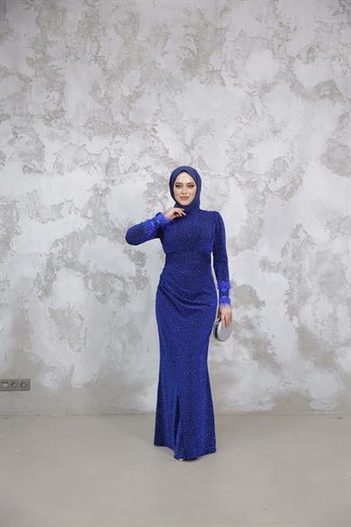 Kolu Tüylü Sim ve Taş Detaylı Abiye - Saks Mavi