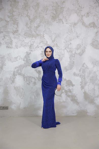 Kolu Tüylü Sim ve Taş Detaylı Abiye - Saks Mavi