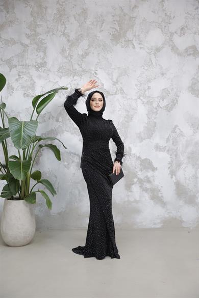 Kolu Tüylü Sim ve Taş Detaylı Abiye - Siyah