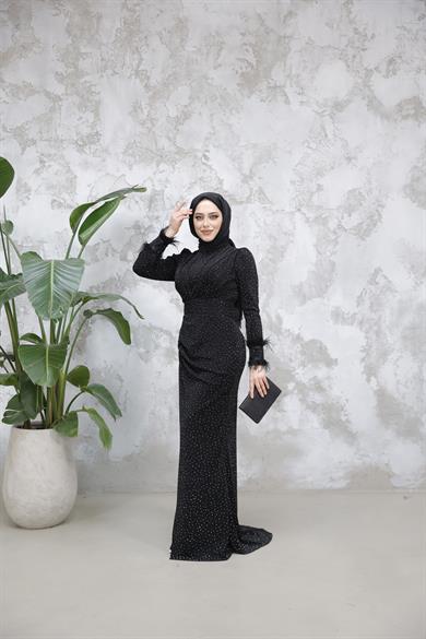 Kolu Tüylü Sim ve Taş Detaylı Abiye - Siyah